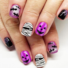24Pcs Purple Halloween Coffin Press On Nails Short Square Glitter Ghost Spider Web Design Reusable