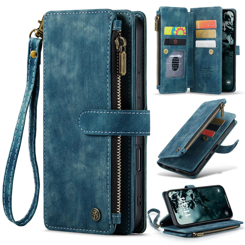 Wallet Case With Zipper Flip, Pu Leather, Magnetic Closure, Card Slots, Kickstand, For Iphone 16 Blue 9092120133295