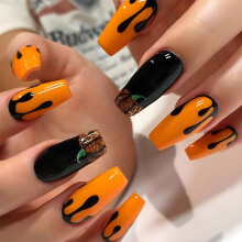 Halloween Press On Nails 24Pcs Long Black Coffin Fake Nails with Golden Pumpkin and Yellow Glitter