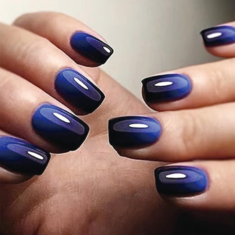 Blue Short Square Press On Nails Gradient Glossy Fake Nails Set With Glue Durable 24Pcs