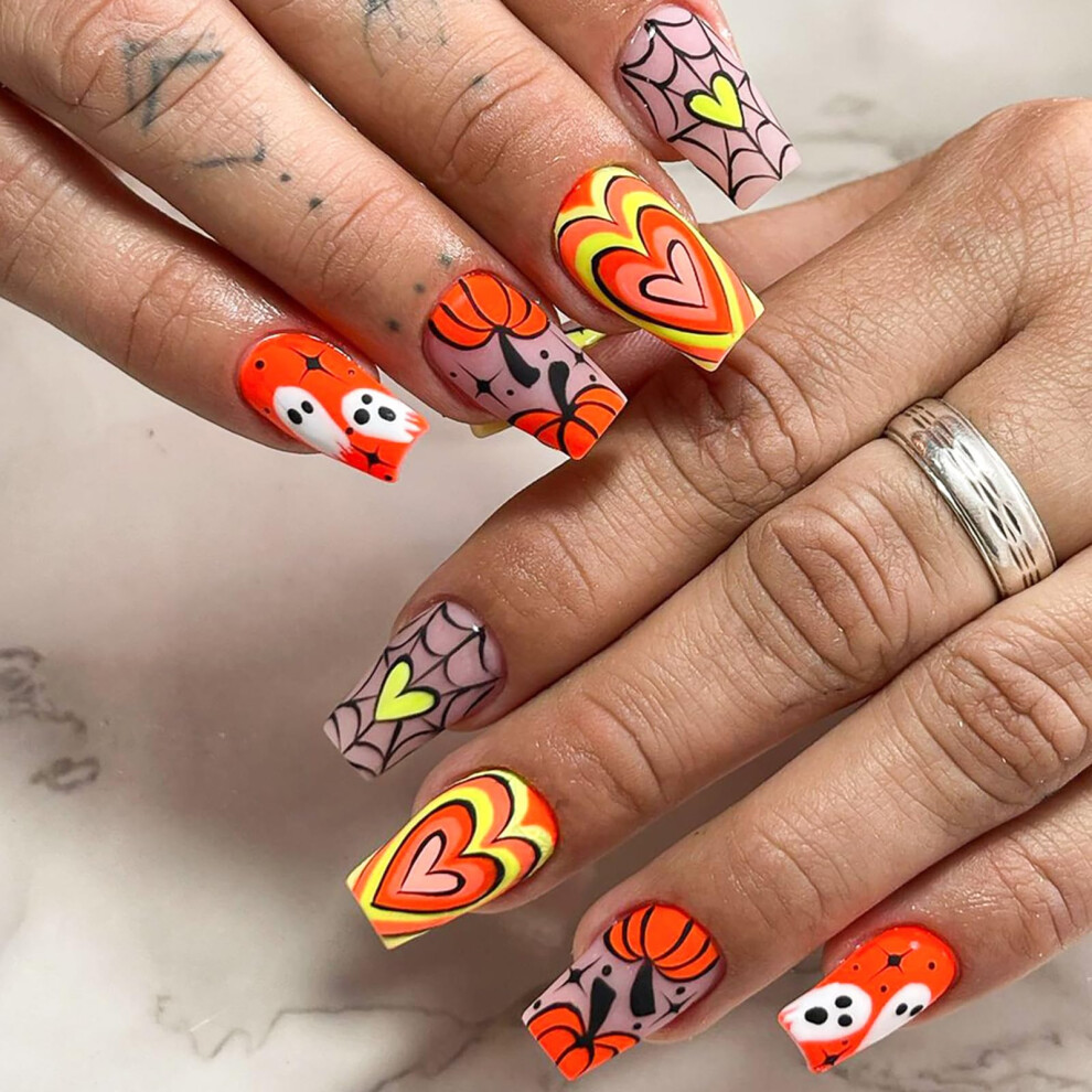 Orange Halloween Press On Nails Medium Square Fake Nails With Pumpkin And Ghost Designs Set