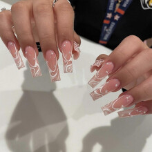 Long Square Pink Press on Nails with Pearl Design, Reusable Full Cover Fake Nails Set for Women