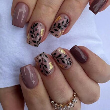 Short Square Press On Nails Gold Foil Autumn Leaf Glossy Glitter Full Cover Fake Nails 24 Pcs