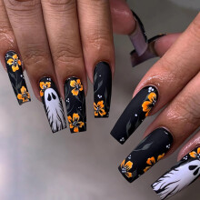 Halloween Press On Nails Long Black and Orange Acrylic Ghost Design Full Cover Set 24Pcs