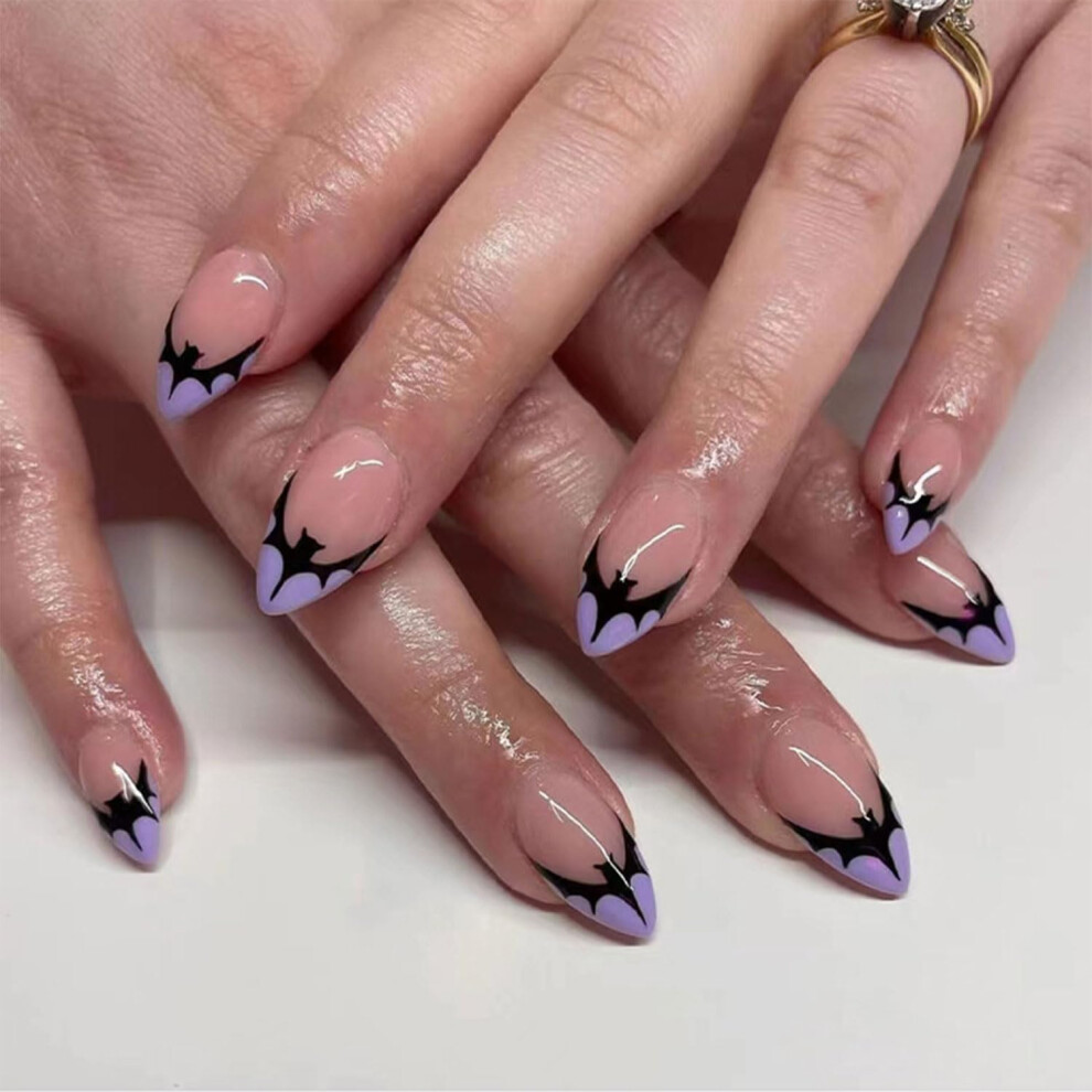 Halloween Press On Nails with Bats Design, Medium Almond Fake Nails French Tips, 24Pcs Acrylic