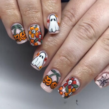 Halloween Press On Nails Set 24Pcs Short Square Glossy Ghost Pumpkin Design with Reusable Glue