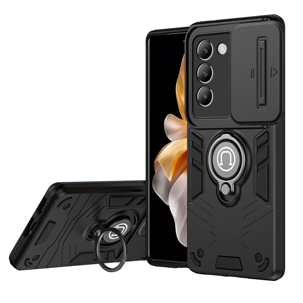 Shockproof Military Grade Case With Slide Camera Cover And Kickstand, Rugged Protective Cover For Vivo Y100 Black 9330225916000