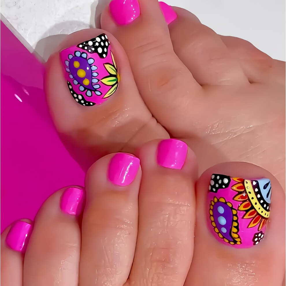 Pink Short Press On Toenails For Women Rose Acrylic Fake Toenail Set With Glue Glossy Flower Design
