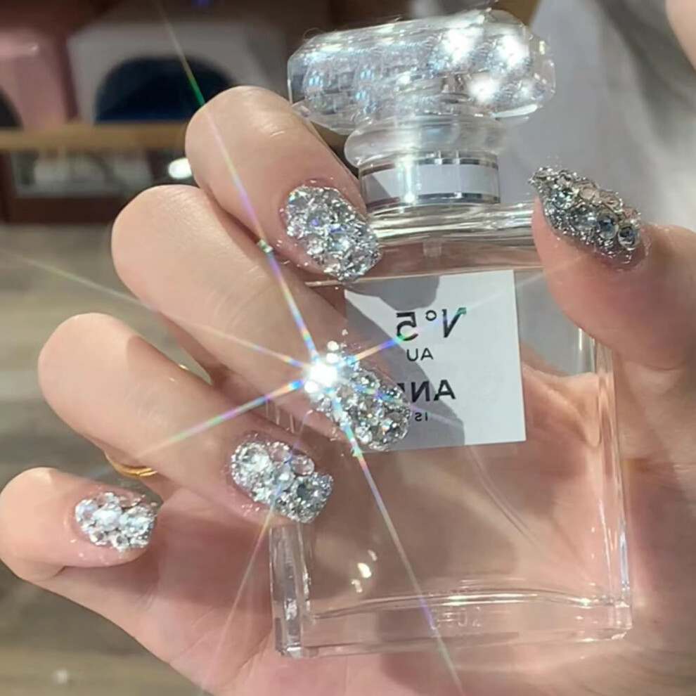 Silver 24Pcs Short Press On Nails With Rhinestones, Glitter Acrylic False Nails Kit For Women