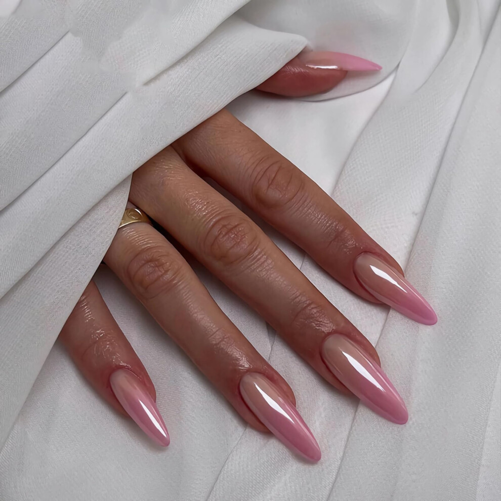 Long Stiletto Press On Nails Chrome Pink Fake Nails Almond Shape Acrylic 24pcs Salon Gloss Finish