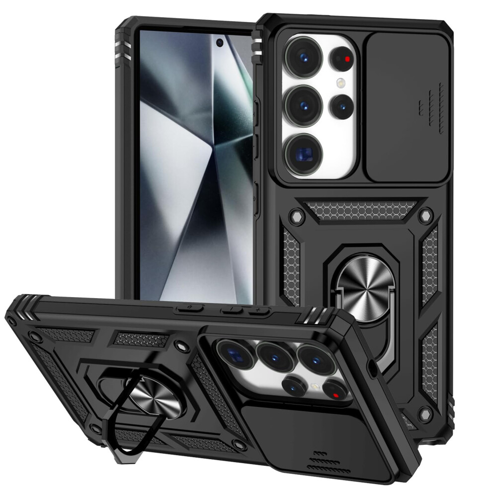Case For Samsung Galaxy S25 Ultra With Sliding Camera Cover, 360 Ring Kickstand, Magnetic Car Mount, Shockproof Protection, Black 9771547595656