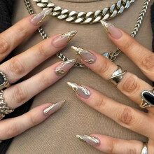 Gold Medium Almond Press On Nails Set, Reusable Glossy 3D Fake Nails with Glue, 24Pcs Ready to Use