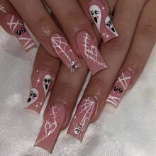 Long Press On Nails with Rhinestones Square Spider Web Design Glossy Acrylic False Nails Set 24pcs