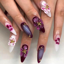 30PCS Almond Press on Nails with 3D Flowers, Brown Blue Gradient Stiletto Fake Nails for Women
