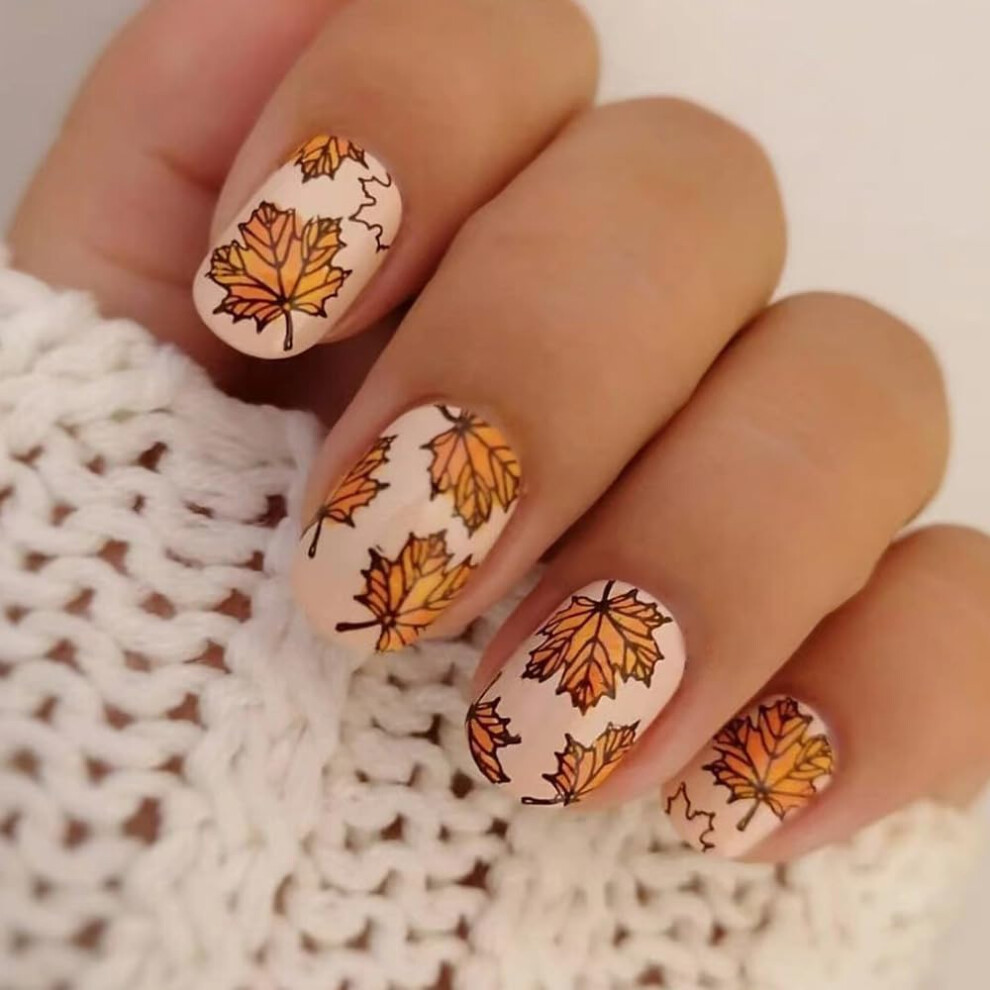 24pcs Fall Maple Leaf Press On Nails Short Square Glossy Fake Nails Thanksgiving Glue On for Women