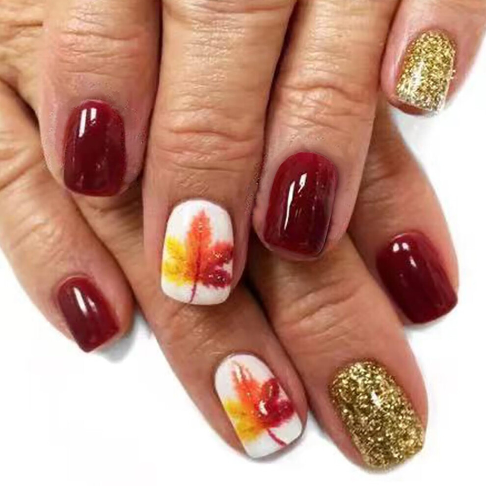 Press On Nails Short Square Fall Design Fake Nails Glossy Red Maple Leaf Glitter Full Cover 24pcs