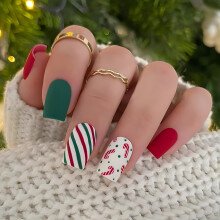 Christmas Press On Nails Set Short Square Red Green Festive Striped Design 24pcs Reusable Kit