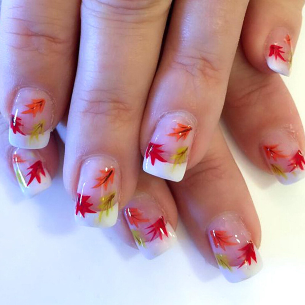 Short Square Press On Nails Glossy Maple Leaf Fake Nails Autumn Thanksgiving Full Cover 24Pcs