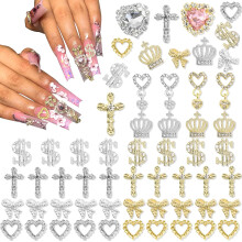 90PCS Gold and Silver Nail Charms Set, 3D Crystal Alloy Mixed Shapes for DIY Nail Art and Crafts