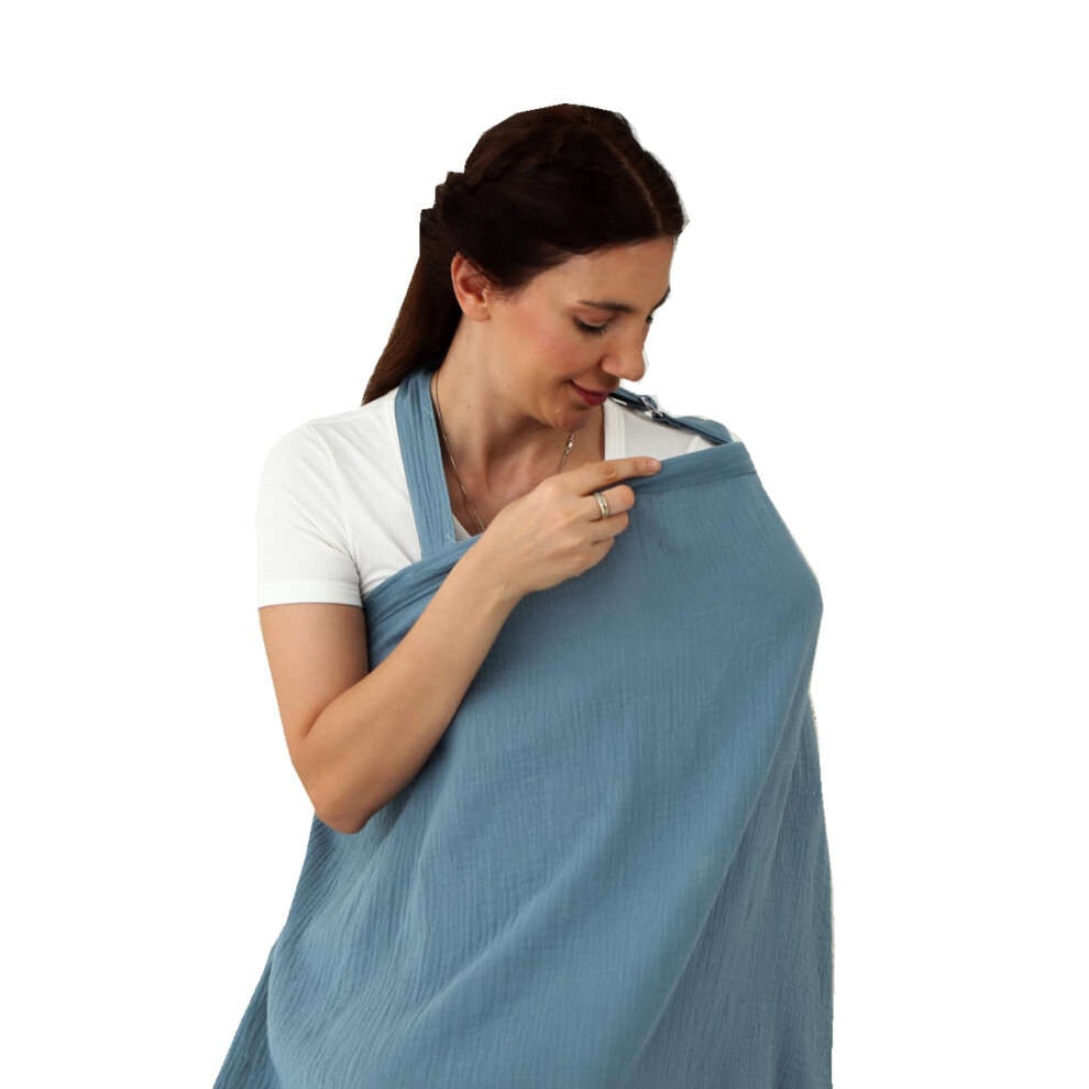 Breathable Cotton Nursing Cover With Adjustable Arch Neckline, Soft Multi‑Use Breastfeeding Apron For Moms, Blue