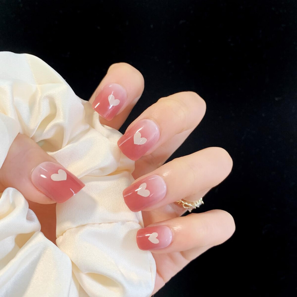 Short Pink Heart French Press On Nails Square Shape, Easy Home Application, 24 Nail Set