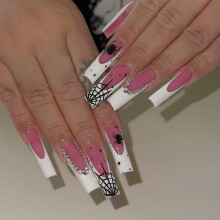 Halloween Press On Nails Kit with Spider Web Design, 24pcs Reusable Short Almond False Nails