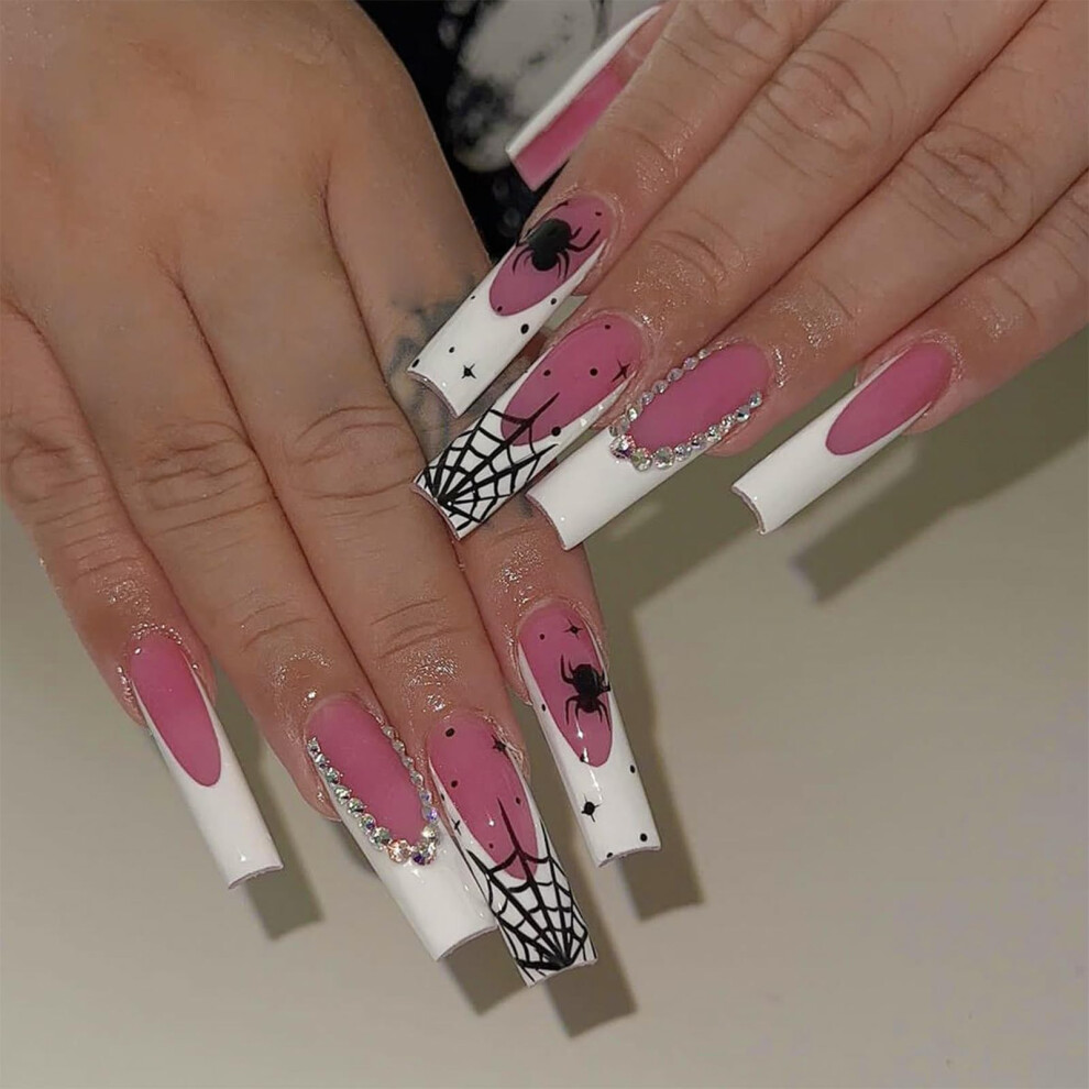 Halloween Press On Nails Kit with Spider Web Design, 24pcs Reusable Short Almond False Nails