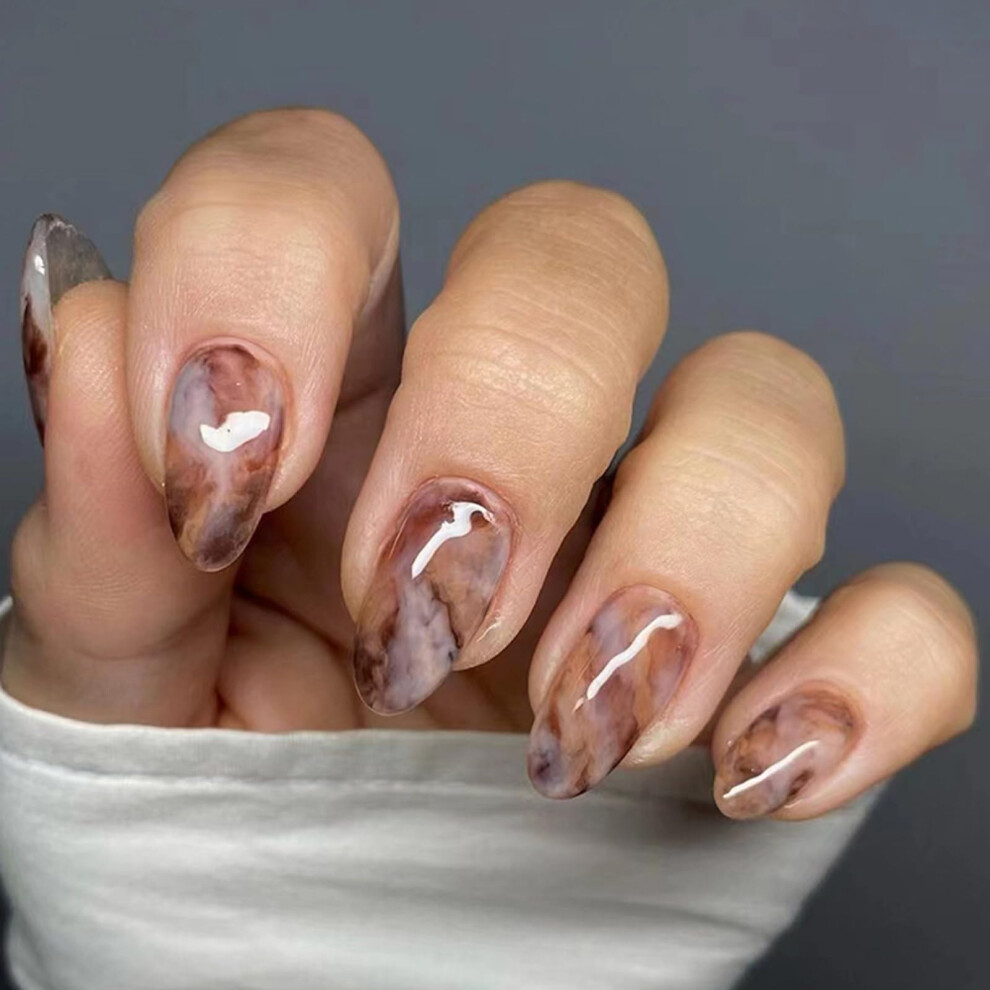 Amber Medium Almond Press On Nails Set Reusable Salonquality Glossy Autumn False Nails For Women 24Pcs