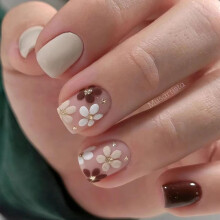 Press on Nails Short Square Fake Nails with Brown Flower Design, Reusable Full Cover Nail Kit 24 Pcs