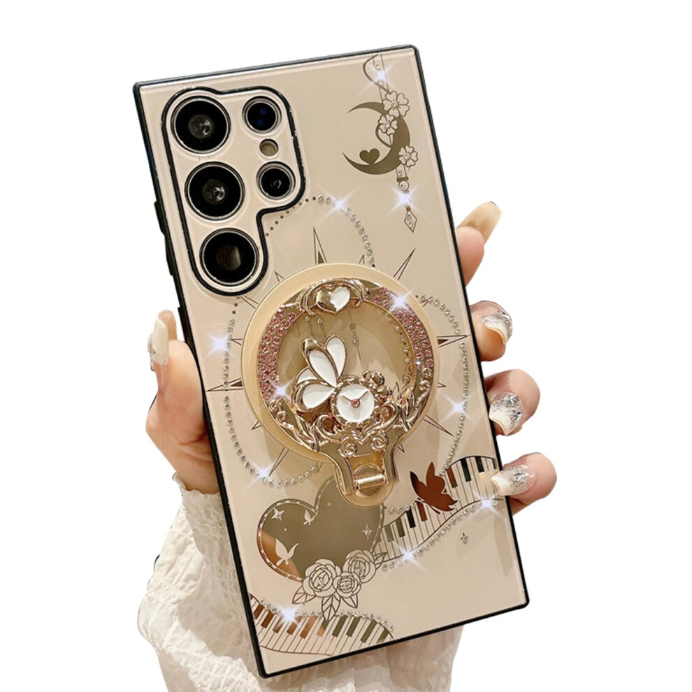 Glitter Case Rose For Galaxy S25 Ultra, 3D Bling Rhinestone Shockproof Cover With Foldable Kickstand For Women Gold 9771547511243