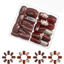 48Pcs Short Square Press on Nails Set Autumn Brown Leaf Flower Design Fake Nails with Glue for Women