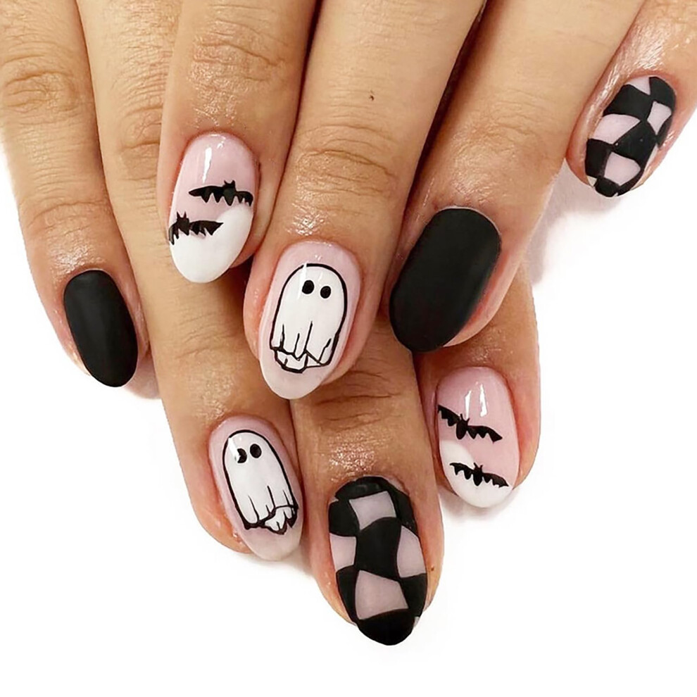 Press on Nails Halloween Short Almond Black Nude Ghost Bat Design Reusable False Nails 24Pcs