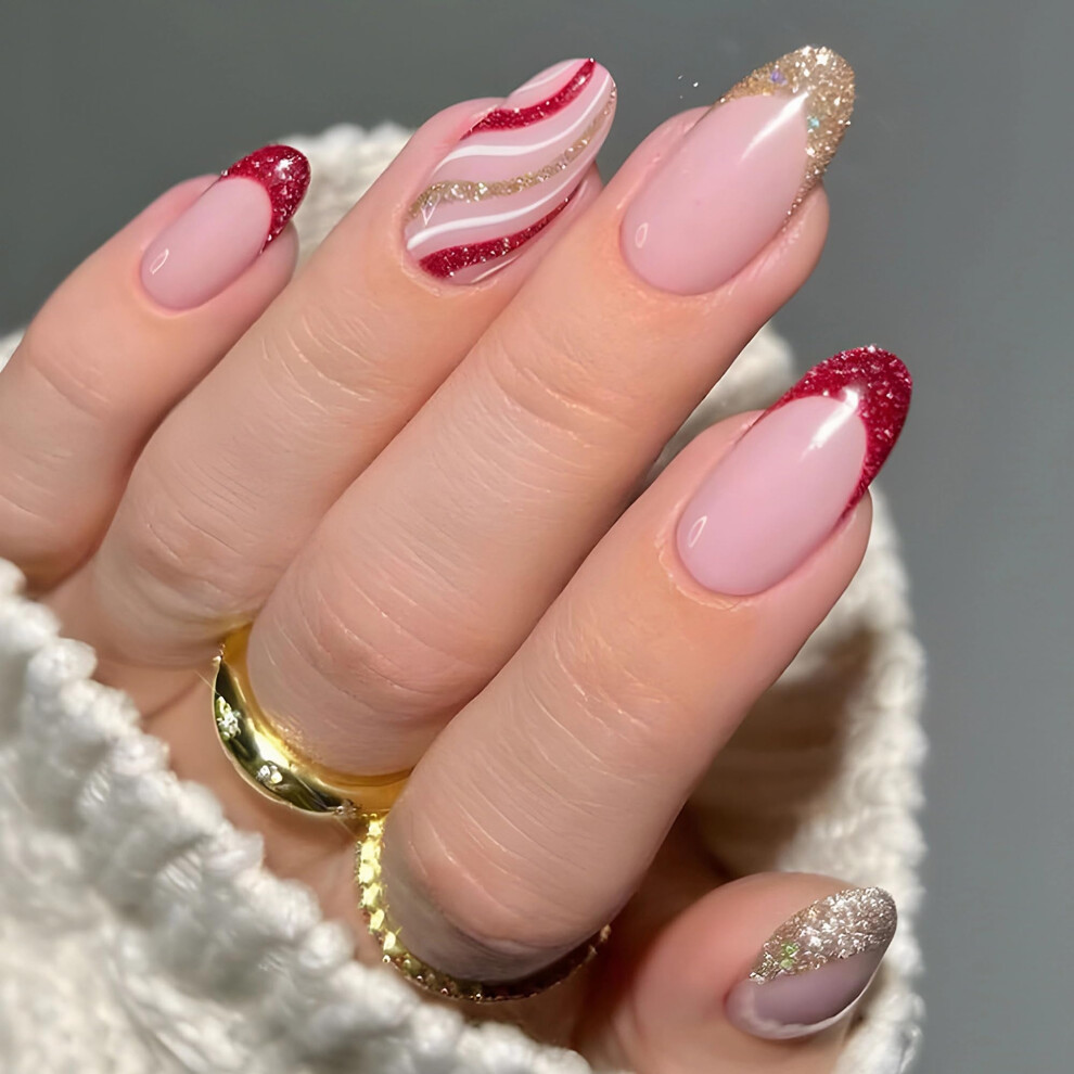 Red,Gold Medium Stiletto Press On Nails Red Gold Glitter French Tip Acrylic Fake Nails 24Pcs