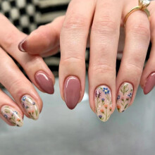 30 Pcs Short Almond Press On Nails with Flower Design Acrylic Full Cover Glossy Stick On Nails for Women