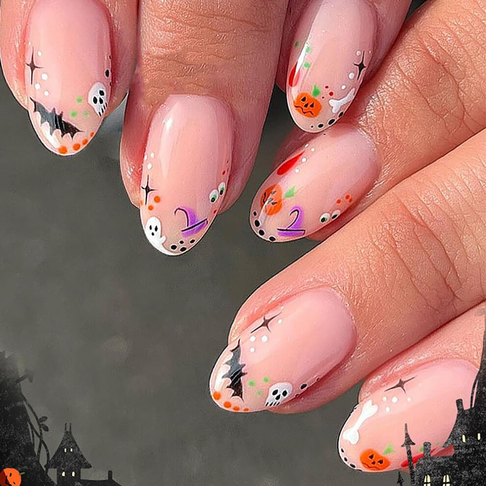 Cream 24Pcs Halloween Almond Press On Nails Set Glossy Nude Fake Nails With Bat Skull Pumpkin Designs