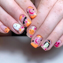 Halloween Press On Nails Set – 24pcs Short Square Glossy Acrylic with Ghost Pumpkin Bat Designs