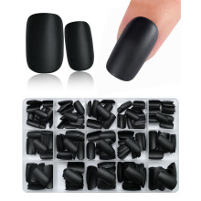 Matte Black Press On Nails Medium Square 300pcs with Adhesive Tabs Custom Fit 15 Sizes Durable Finish