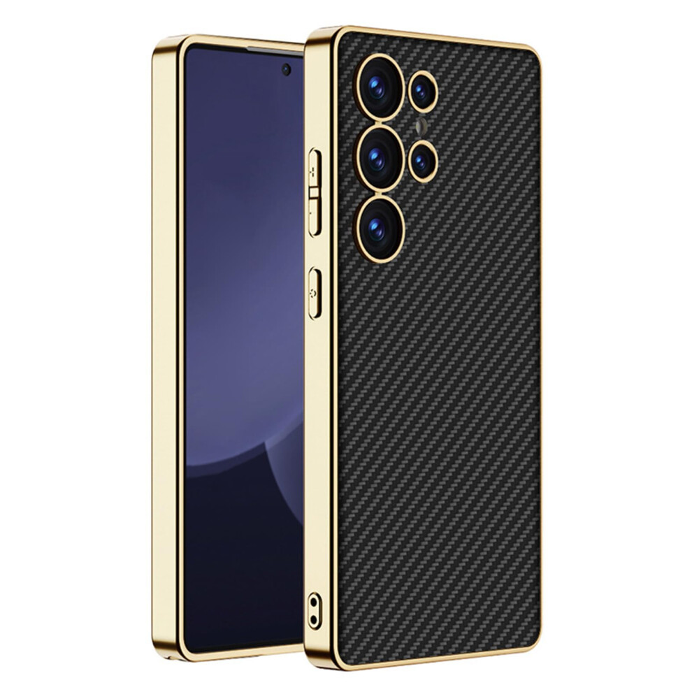 Leather Case Carbon Fiber Slim Shockproof Cover With Electroplated Gold Corners Black For Samsung Galaxy S25 Ultra Black,Gold 9771547511311