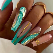 Long Coffin French Tip Press on Nails with Gold Leaf Bling, Green Acrylic Fake Nails for Wedding