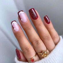 Christmas Press On Nails Red Glitter Santa Hat French Tip Medium Square Holiday Fake Nails Kit
