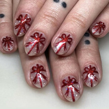 Christmas Press On Nails with Glue Medium Oval Acrylic Fake Nails Festive Red Bow Reusable Set