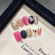 Handmade Press On Nails Large Size Black Gold Pink Acrylic with Rhinestones Reusable Set 10pcs