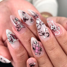 Medium Almond False Nails with Cute Bow Star Love Design, Glue On Full Cover Press On Nails for Women