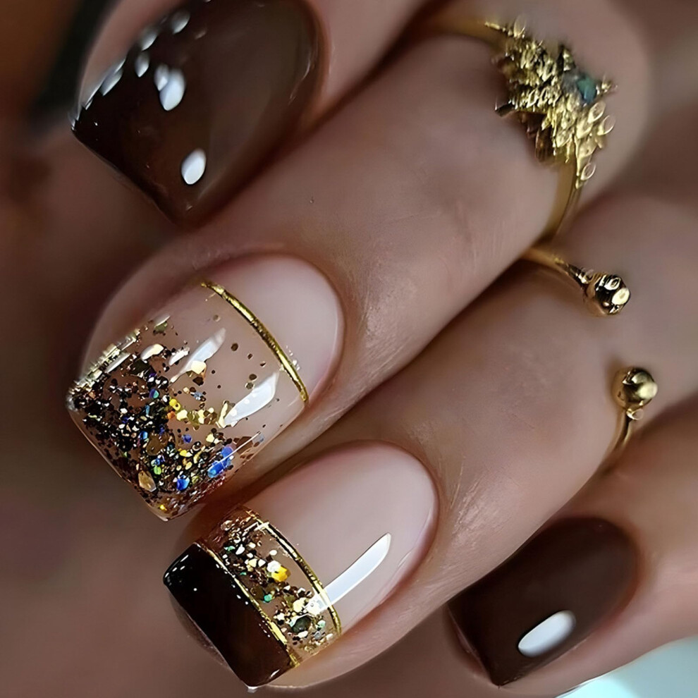 Cream,Gold Short Nude Brown Press On Nails With Gold Glitter Accent, 24Pcs Reusable Square Full Cover