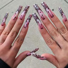 Halloween Press On Nails Long Square Gothic Fake Nails Bloody Spider Web Acrylic Set 24Pcs