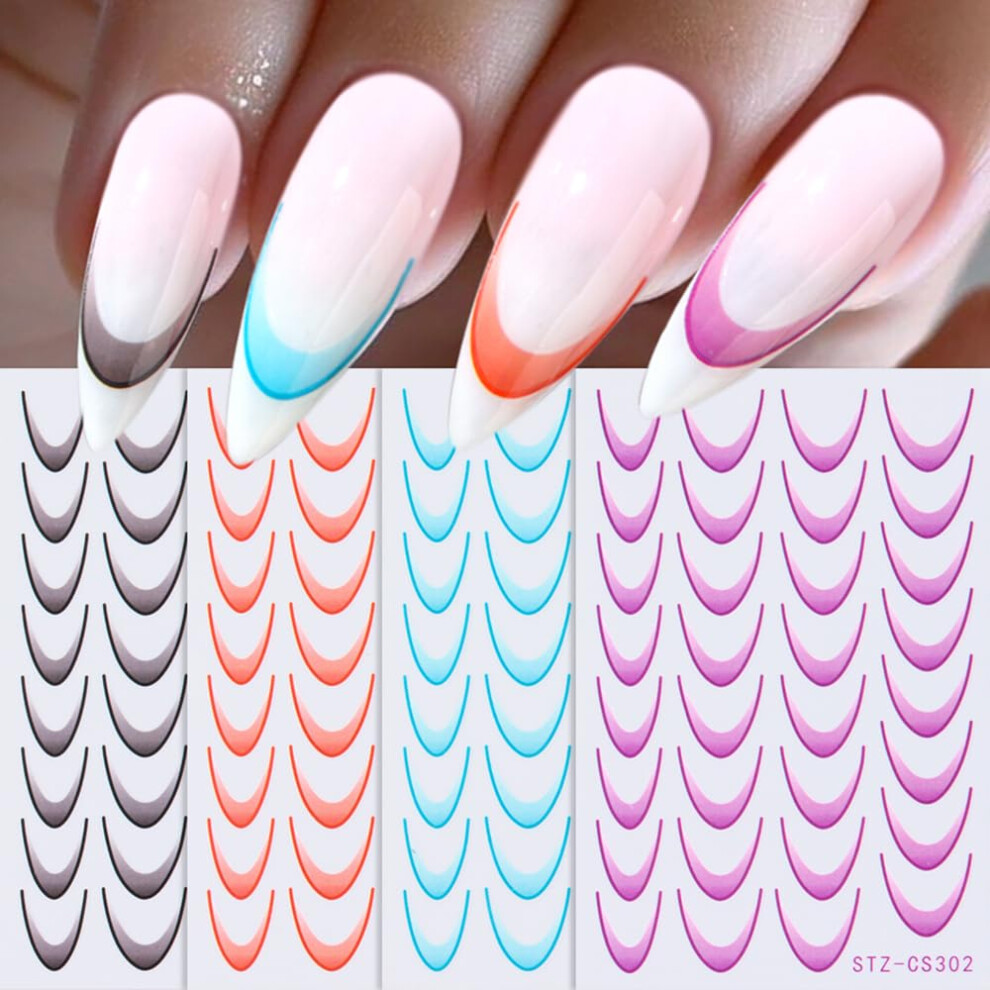French Tip Nail Stickers Rainbow Gradient Self Adhesive 6 Sheets DIY Colorful Nail Art Decals