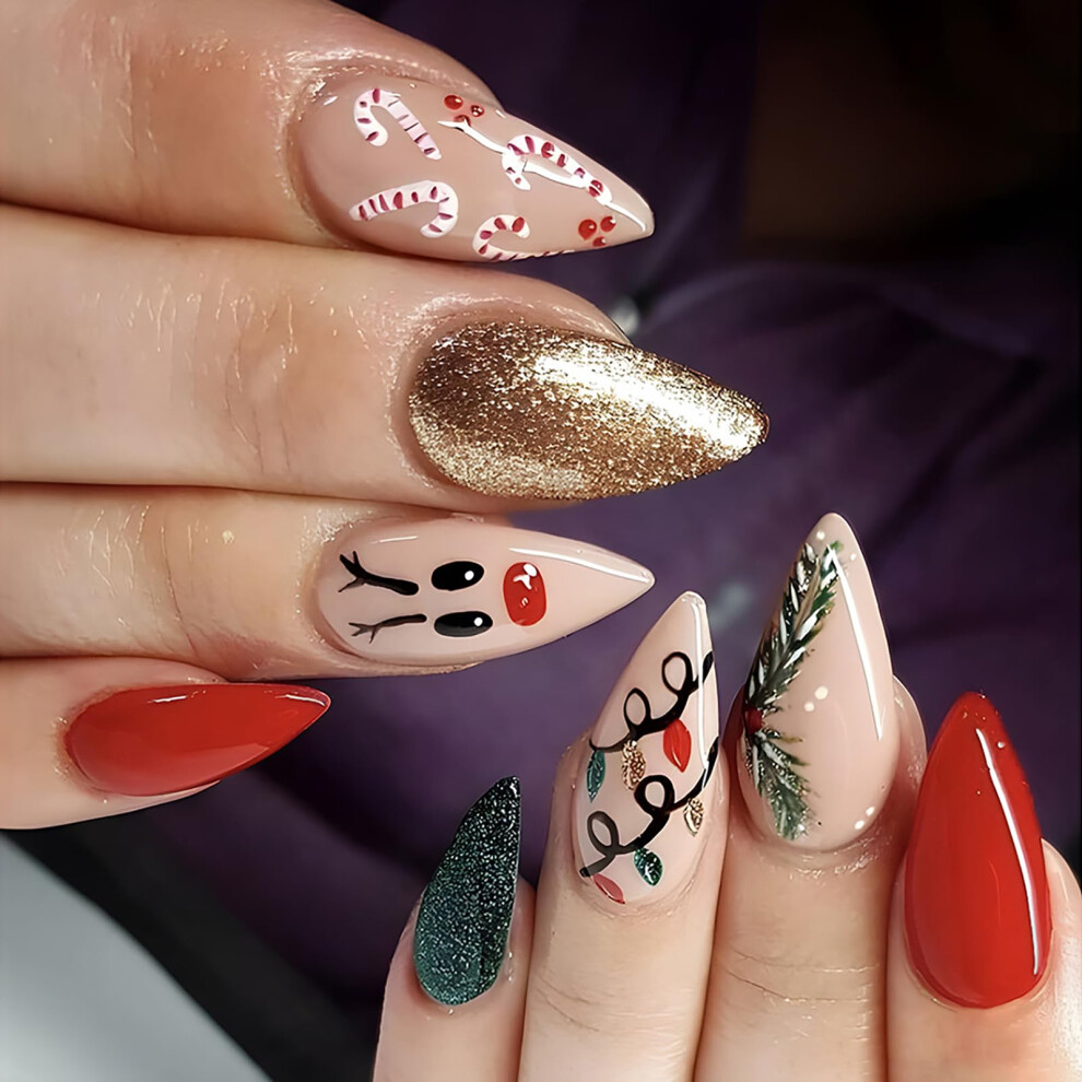 24 Pcs Christmas Press On Nails Set â Glitter Almond Holiday Acrylic False Nails with Glue, Reusable