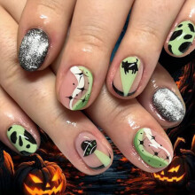 24pcs Halloween Press On Nails Short Glitter UFO Dog Design Acrylic Square Green Star Reusable