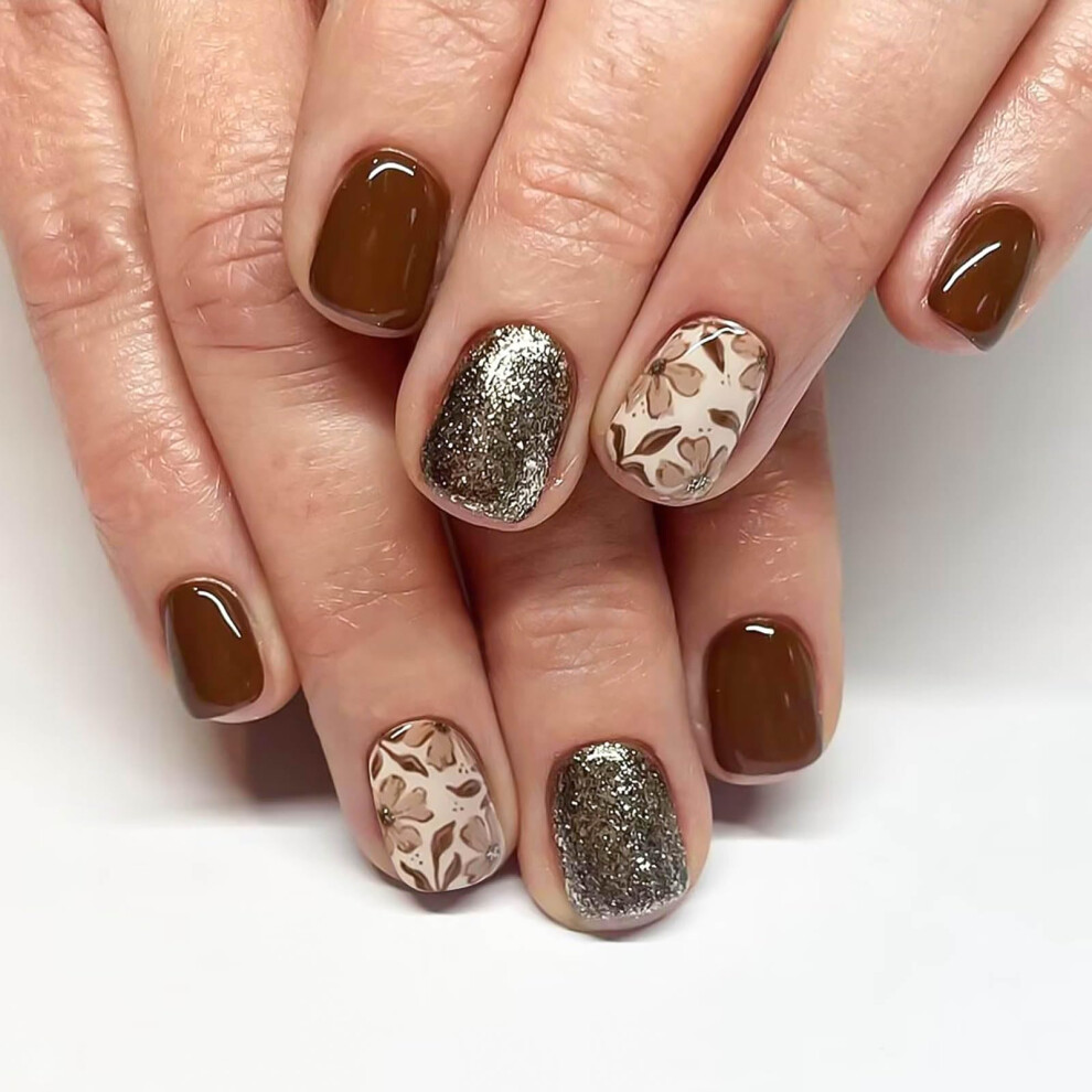 Brown Short Square Press On Nails Glossy Glitter Fake Nails Thanksgiving Set 24Pcs Longlasting Wear