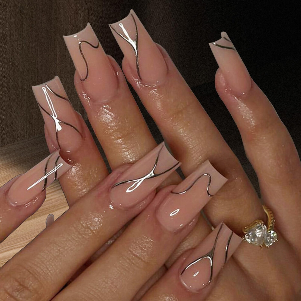 Cream Medium Square Press On Nails With Glue, 24Pc Nude Squoval Fake Nails, Glossy Silver Line Acrylic